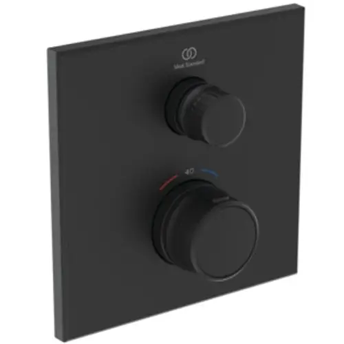 Brausethermostat in Silk Black von Ideal Standard mit zwei Drehknöpfen zur Temperatur- und Wassermengenregulierung auf rechteckiger Wandplatte.